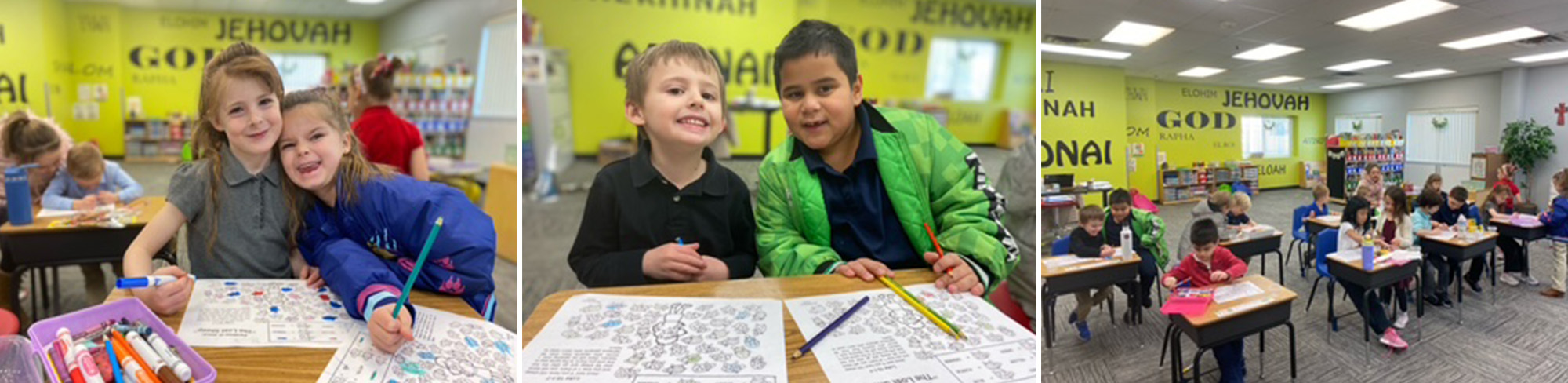 Photo collage of happy elementary students engaged in learning in the classroom