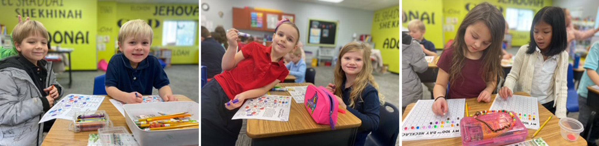 Photo collage of happy elementary students engaged in learning in the classroom
